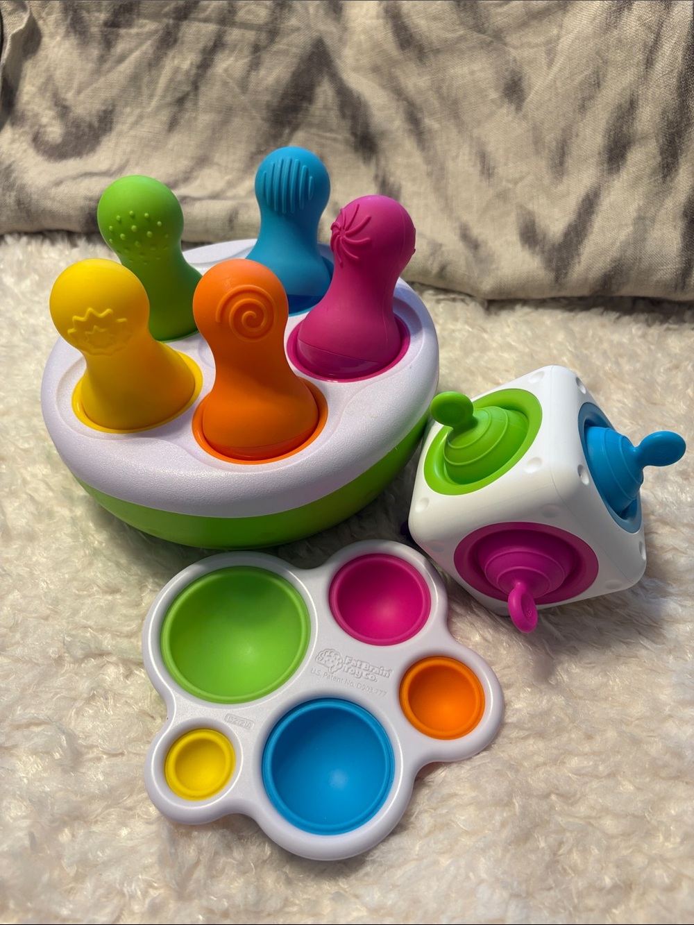 Fat Brain Toys Set of 3 Dimpl, SpinnyPins and Tugl Cube